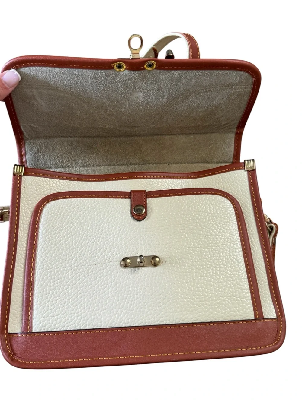 Cream and Brown Leather Top-Handle Satchel